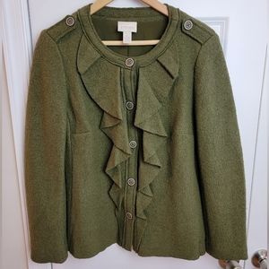CHICO'S Boiled Wool Olive Green Ruffle Jacket 0 Small‎